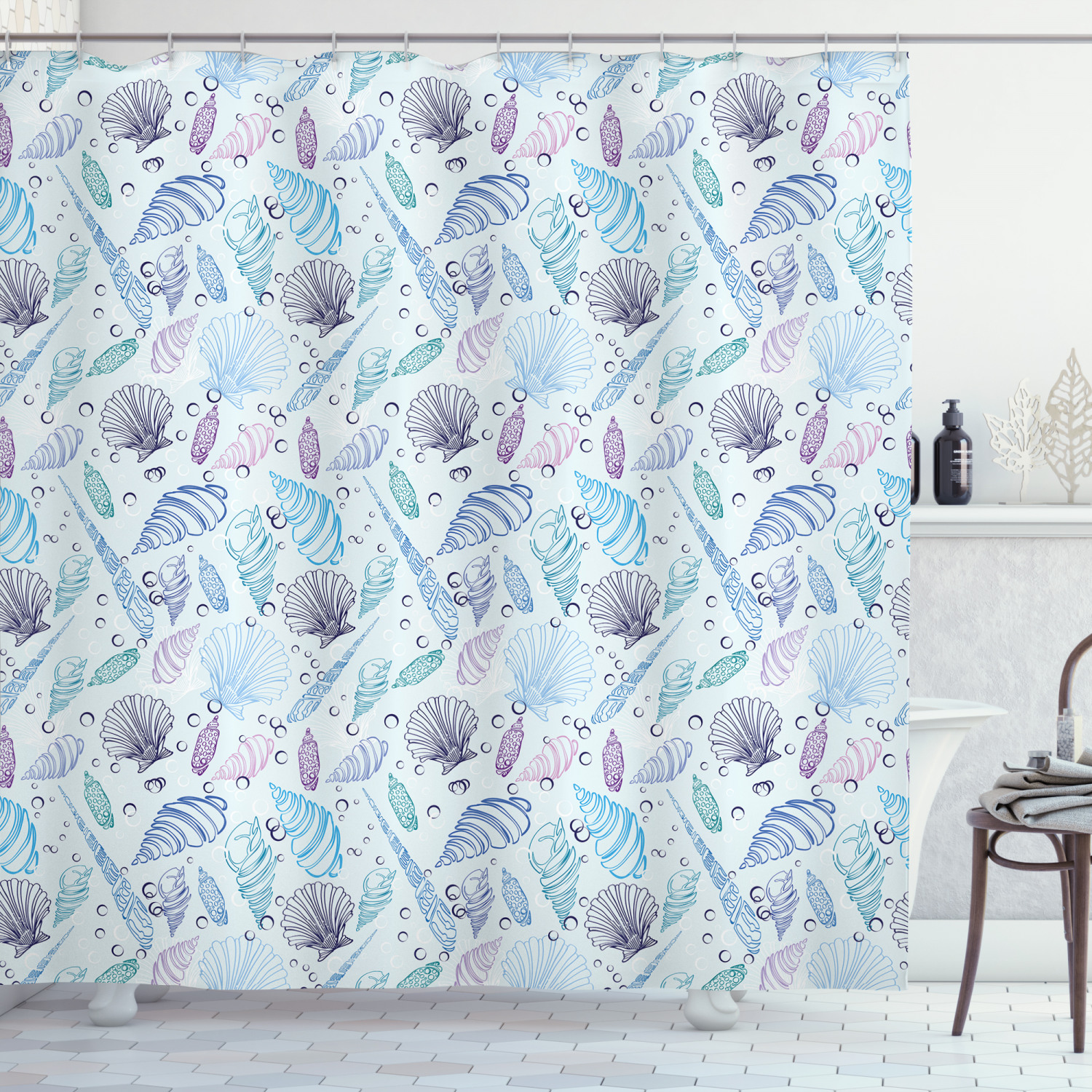 Modern Nautical Shower Curtain with Seashells Bubble Ocean Print - Ideal for Your Bathroom Decor