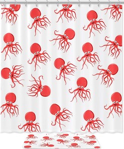 Modern Octopus Pattern Shower Curtain with Double Glide Hooks and Waterproof Fabric