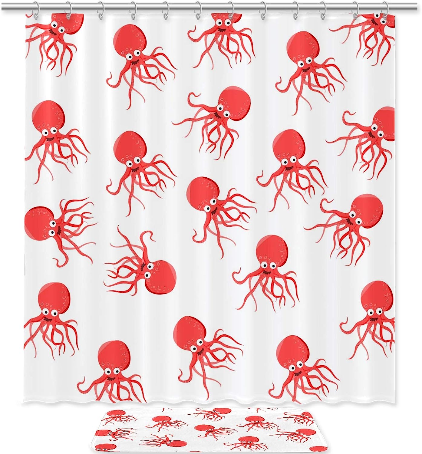 Modern Octopus Pattern Shower Curtain with Double Glide Hooks and Waterproof Fabric