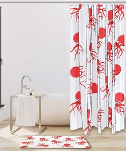 Modern Octopus Pattern Shower Curtain with Double Glide Hooks and Waterproof Fabric