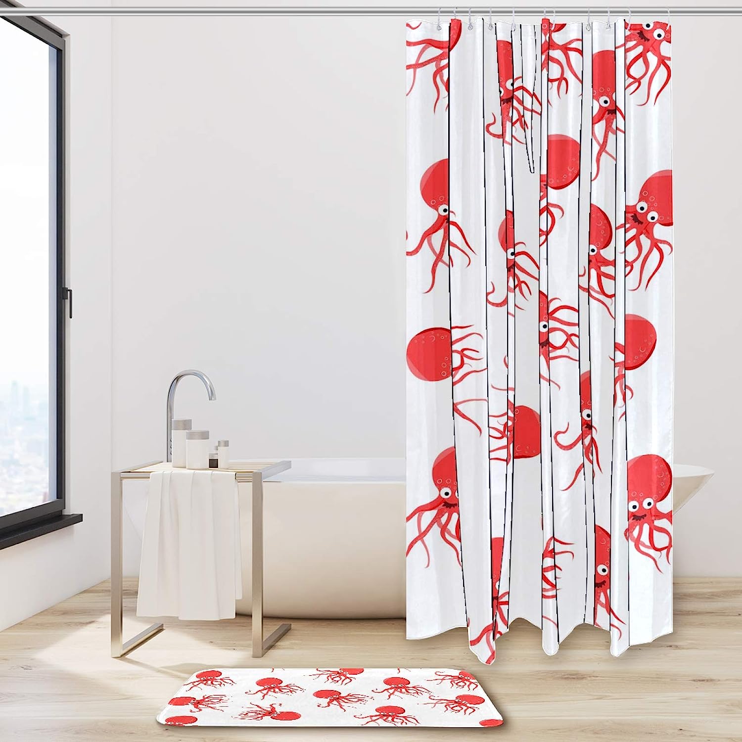 Modern Octopus Pattern Shower Curtain with Double Glide Hooks and Waterproof Fabric