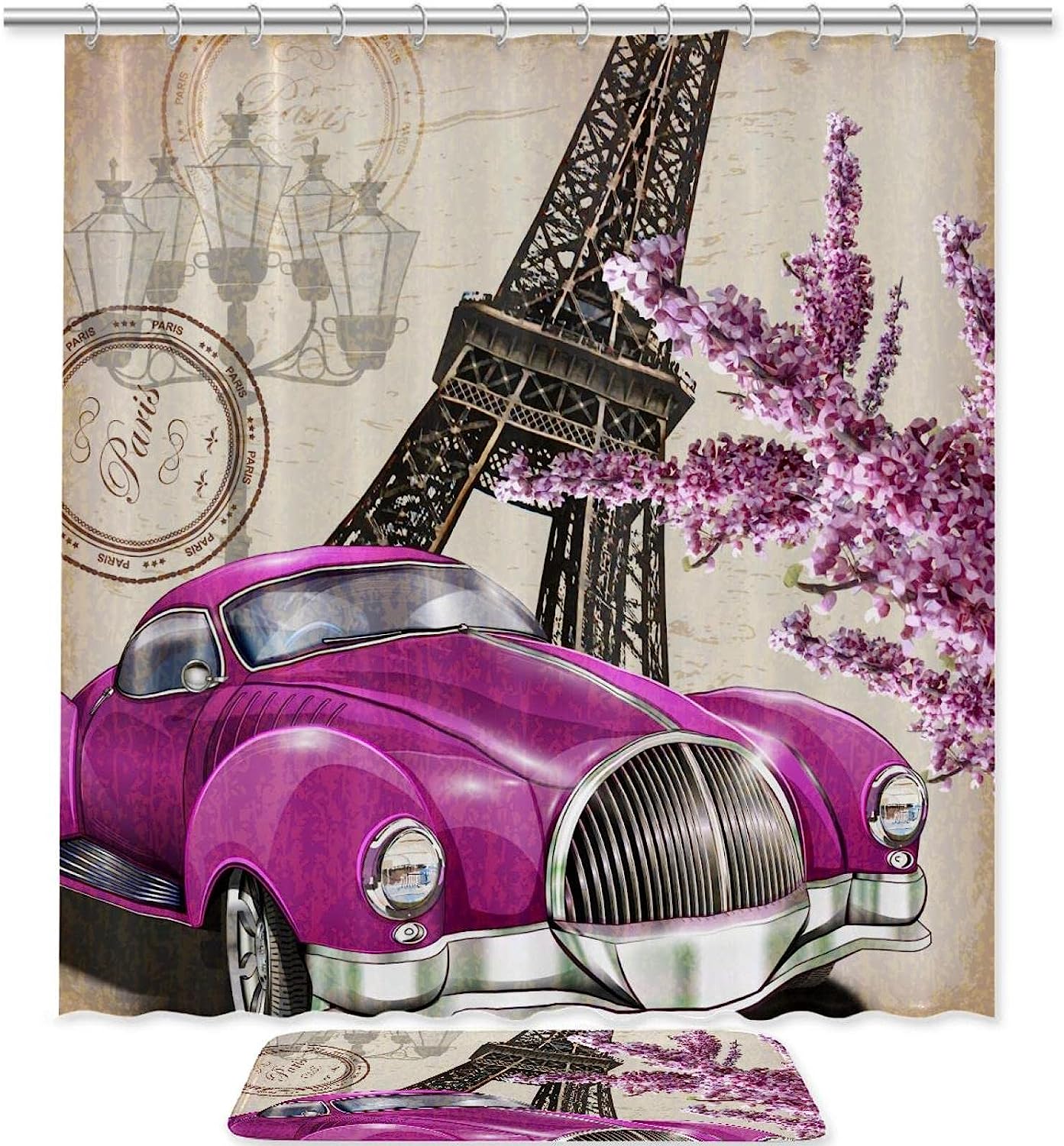 Modern Paris Eiffel Tower with Car Shower Curtain, Perfect for Industrial Chic Bathroom Decor