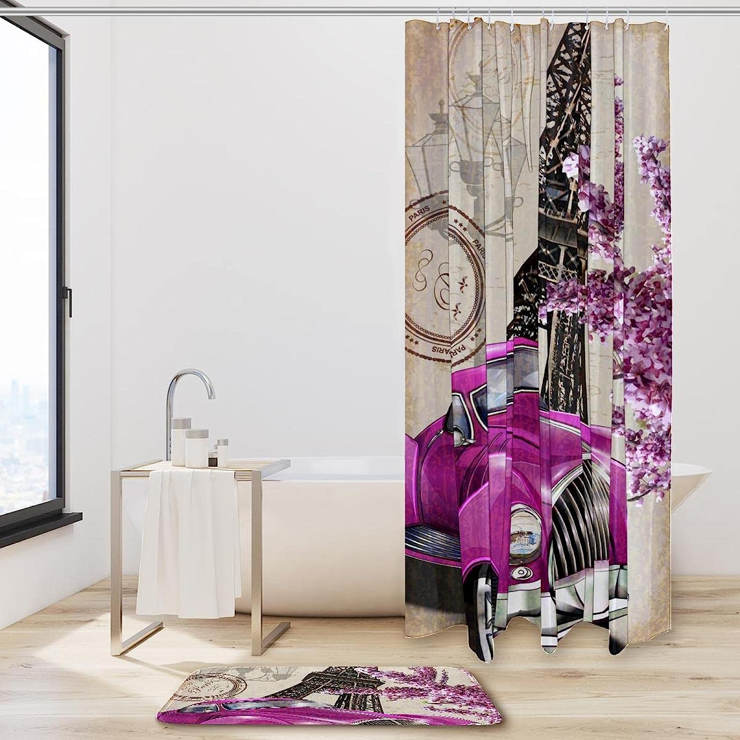 Modern Paris Eiffel Tower with Car Shower Curtain, Perfect for Industrial Chic Bathroom Decor