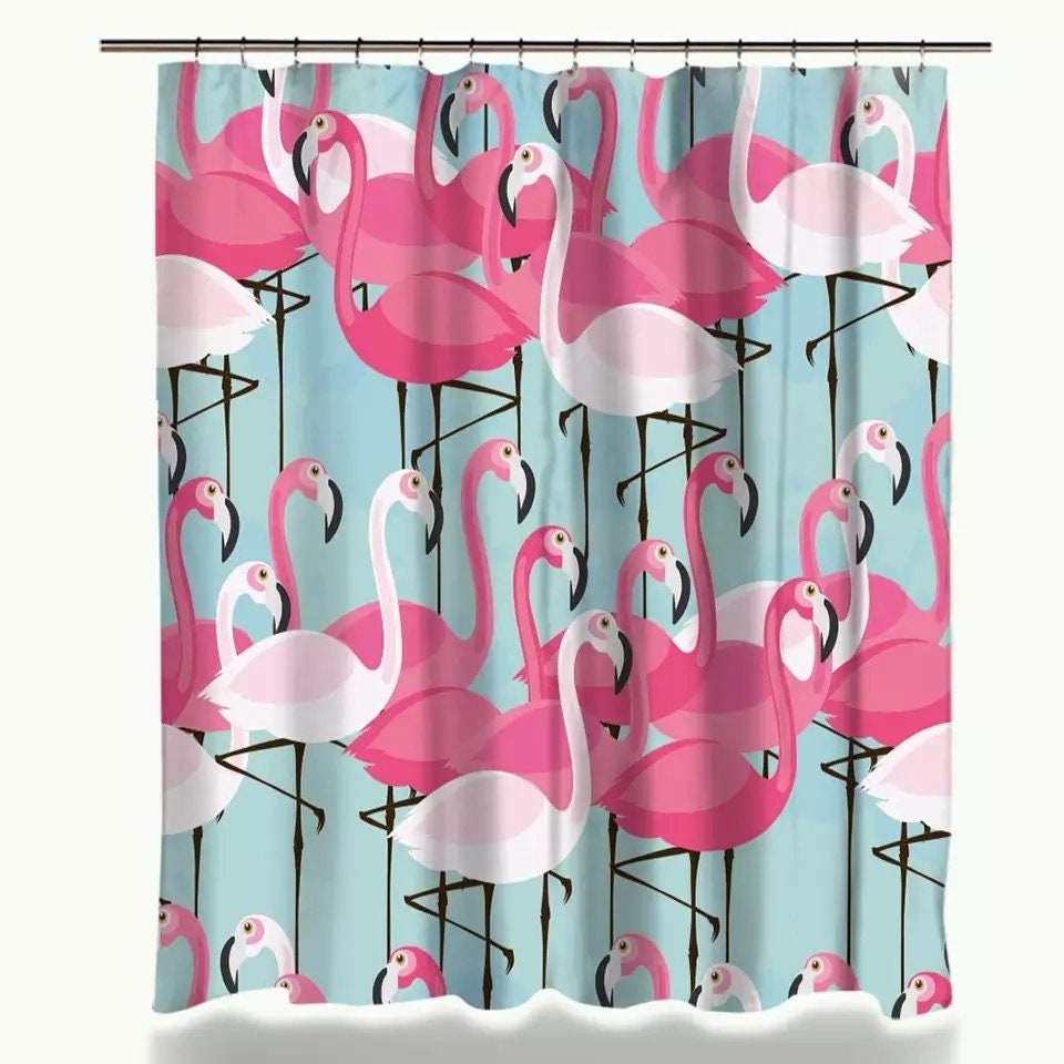 Modern Pink Flamingo Shower Curtain with Bird and Animal Print for Kid's Bathroom