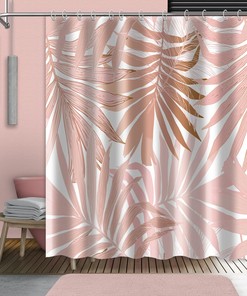Modern Pink Shower Curtain with Rose Gold Palm Leaves Waterproof Fabric 