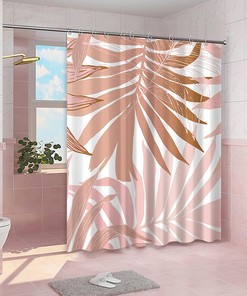 Modern Pink Shower Curtain with Rose Gold Palm Leaves Waterproof Fabric