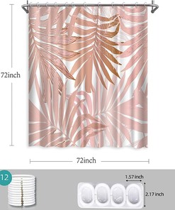 Modern Pink Shower Curtain with Rose Gold Palm Leaves Waterproof Fabric 