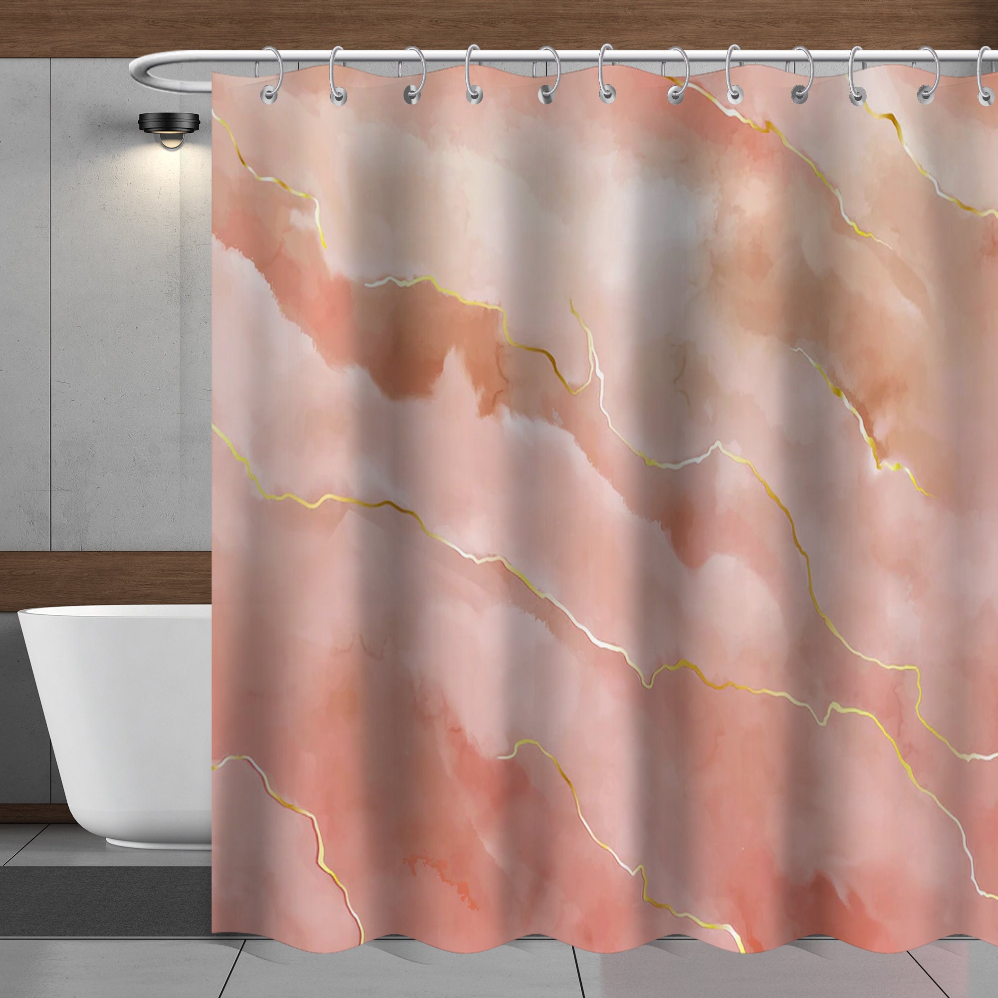 Modern Pink and Gold Marble Shower Curtain Gradient Ombre Watercolor Paint Texture Fabric Bath Curtain