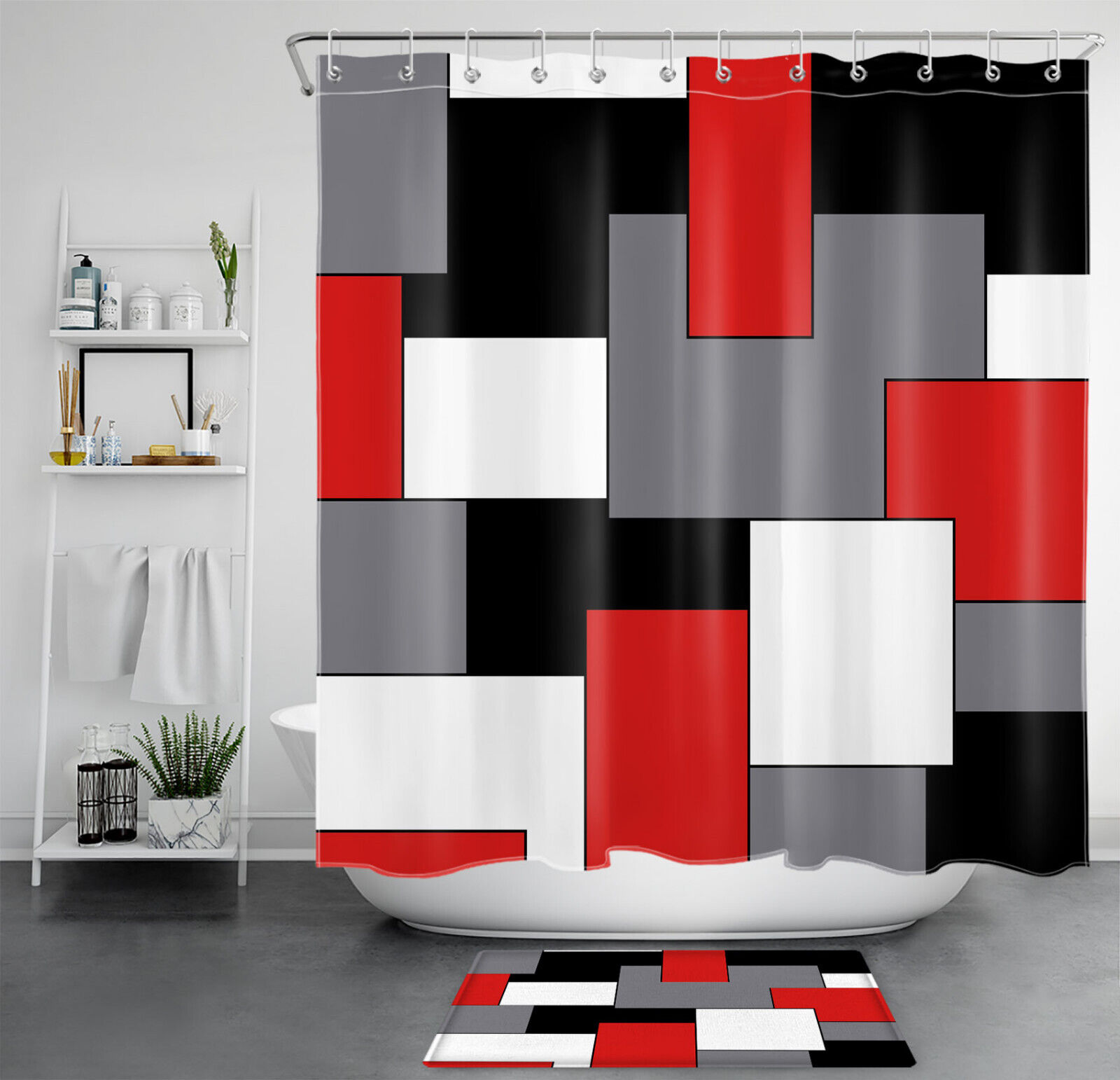 Modern Red Geometric Pattern Shower Curtain for a Sleek Bathroom