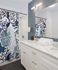 Modern Sea Shell Print Shower Curtain Waterproof Fabric for Underwater Themed Bathroom Decor