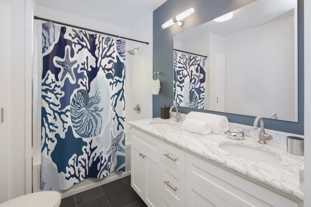 Modern Sea Shell Print Shower Curtain Waterproof Fabric for Underwater Themed Bathroom Decor
