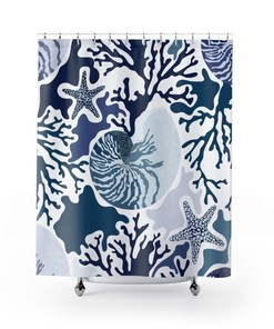 Modern Sea Shell Print Shower Curtain Waterproof Fabric for Underwater Themed Bathroom Decor