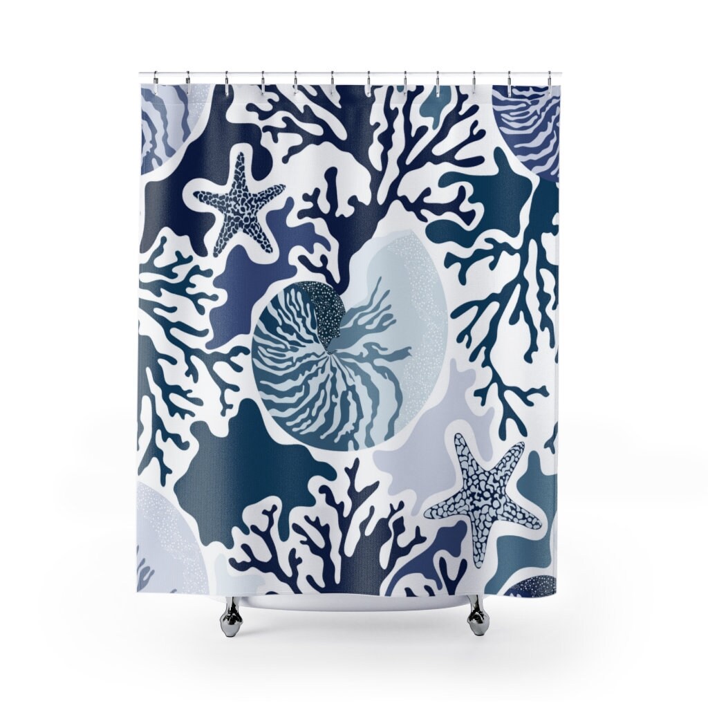Modern Sea Shell Print Shower Curtain Waterproof Fabric for Underwater Themed Bathroom Decor