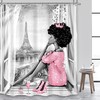 Modern Sexy African American Woman Fashion Shower Curtain with Pink Eiffel Tower Print