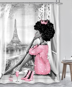 Modern Sexy African American Woman Fashion Shower Curtain with Pink Eiffel Tower Print