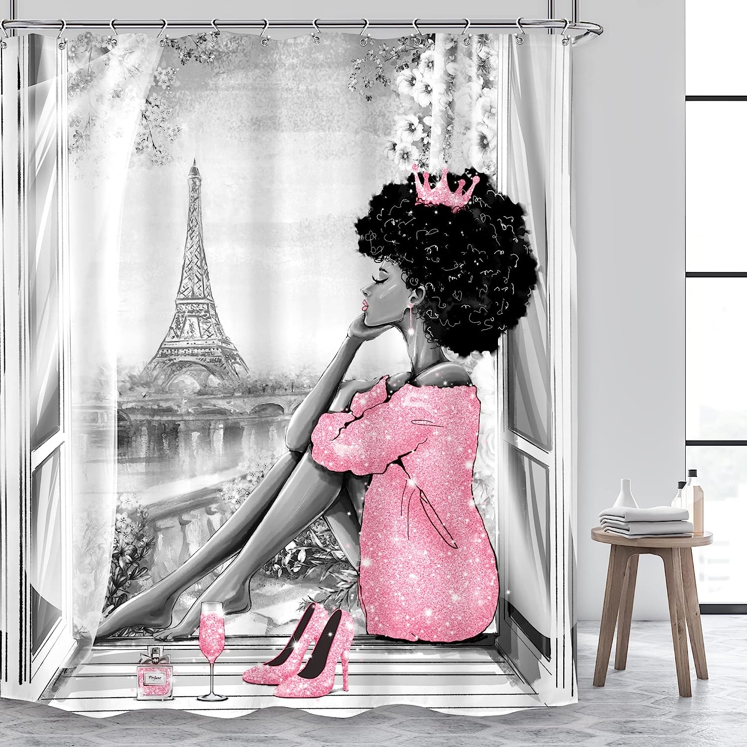 Modern Sexy African American Woman Fashion Shower Curtain with Pink Eiffel Tower Print