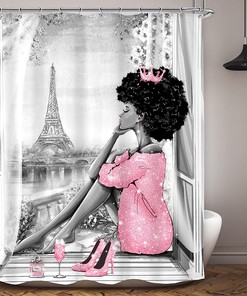 Modern Sexy African American Woman Fashion Shower Curtain with Pink Eiffel Tower Print