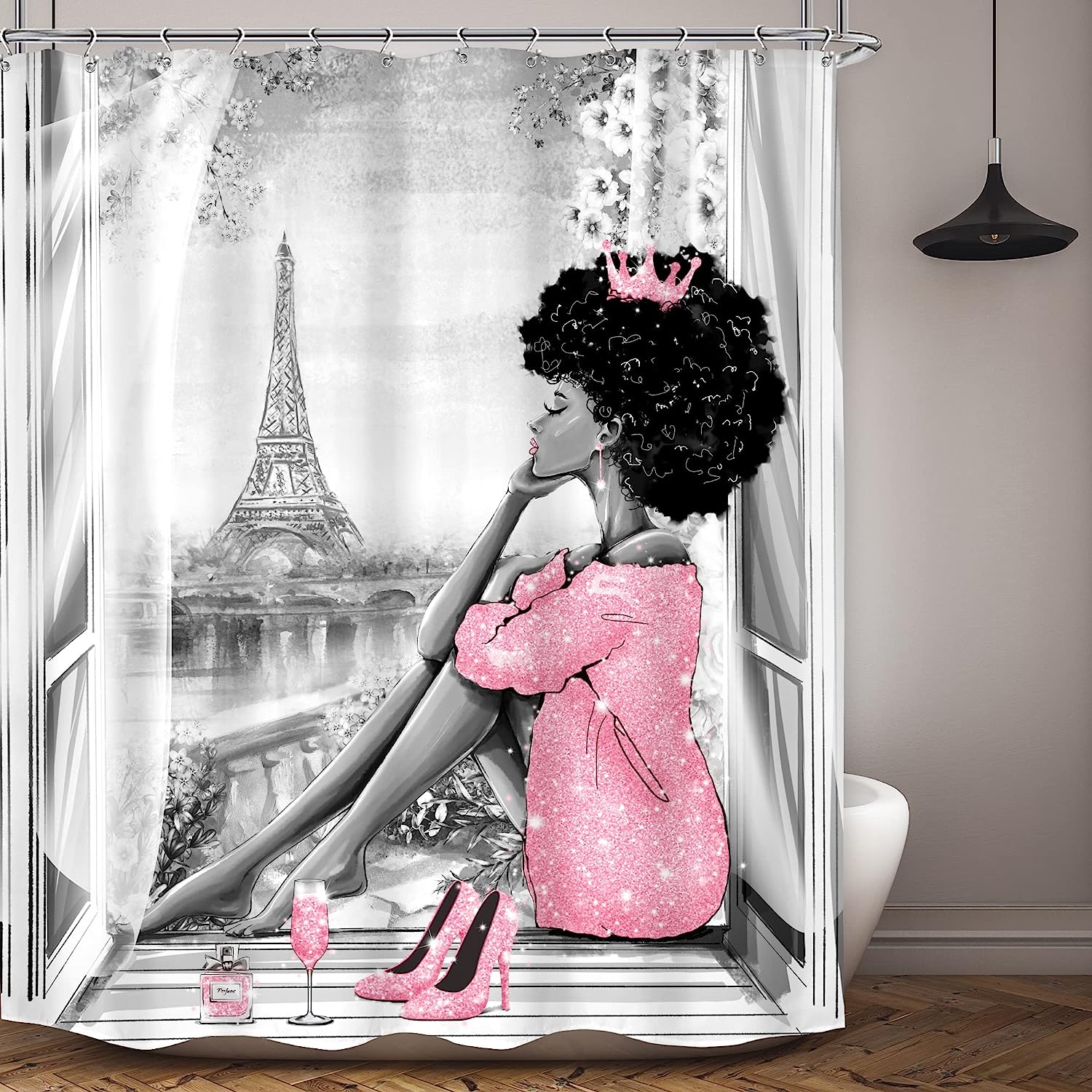 Modern Sexy African American Woman Fashion Shower Curtain with Pink Eiffel Tower Print
