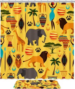 Modern Shower Curtain With Forest Animal Theme Featuring Elephant And Giraffe - Waterproof Fabric Curtain