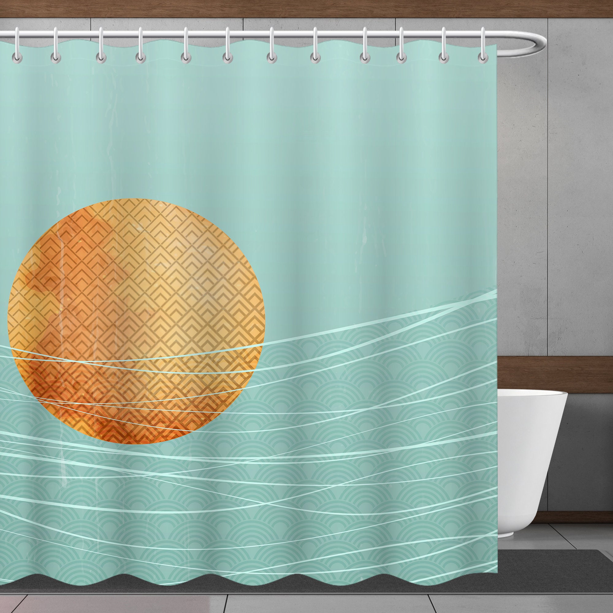 Modern Shower Curtain With Minimalistic Style Line And Sun Print For A Refreshing Bathroom Look