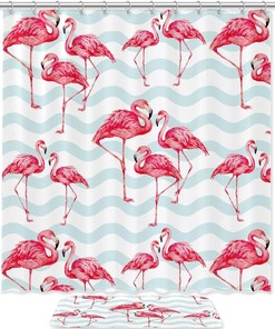 Modern Shower Curtain With Pastel Blue Chevron Stripes And Playful Pink Flamingos, Beautiful Bathroom Decor