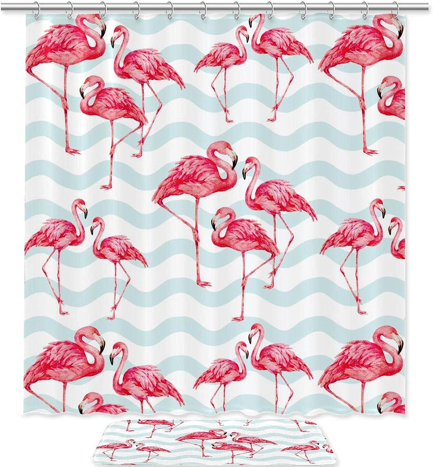 Modern Shower Curtain With Pastel Blue Chevron Stripes And Playful Pink Flamingos, Beautiful Bathroom Decor