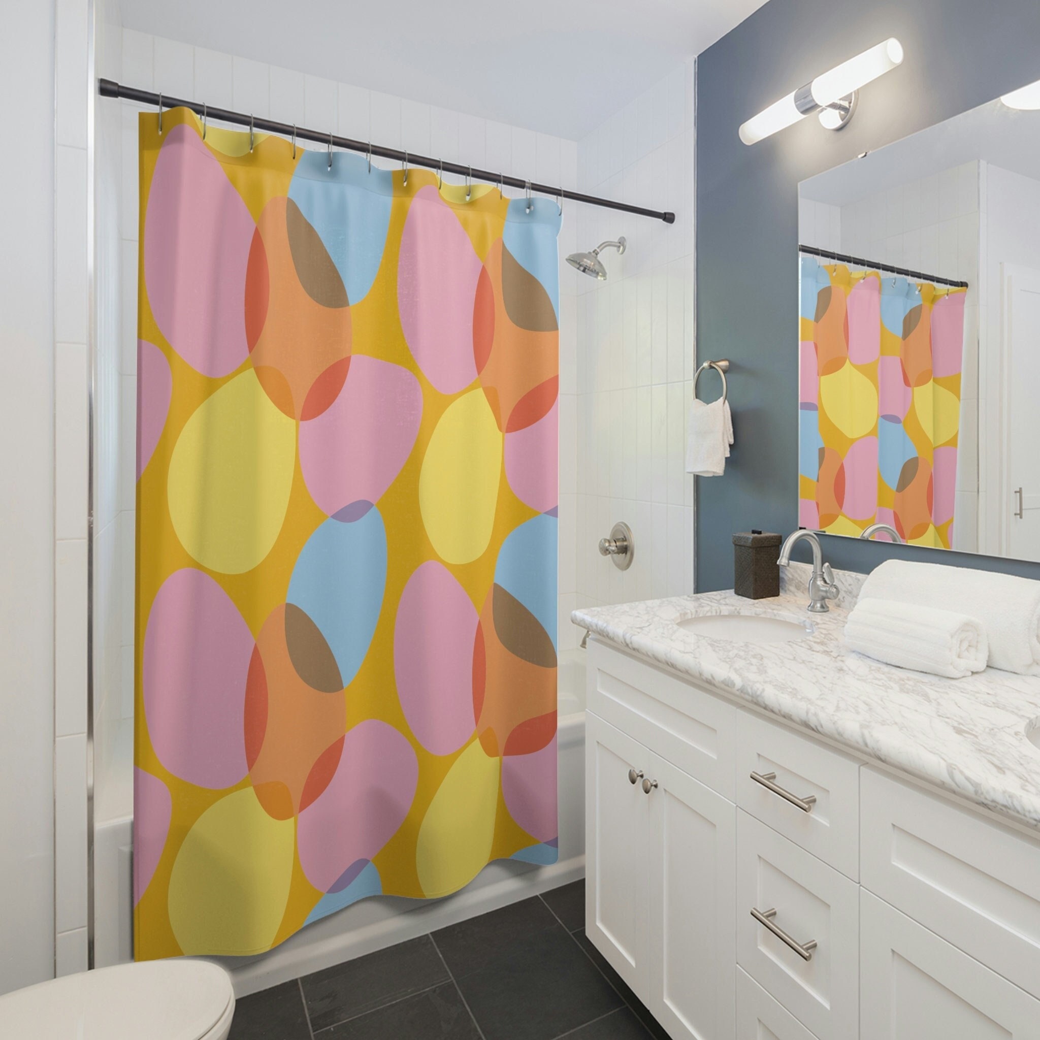 Modern Shower Curtain with Cool Art and Easter Egg Theme