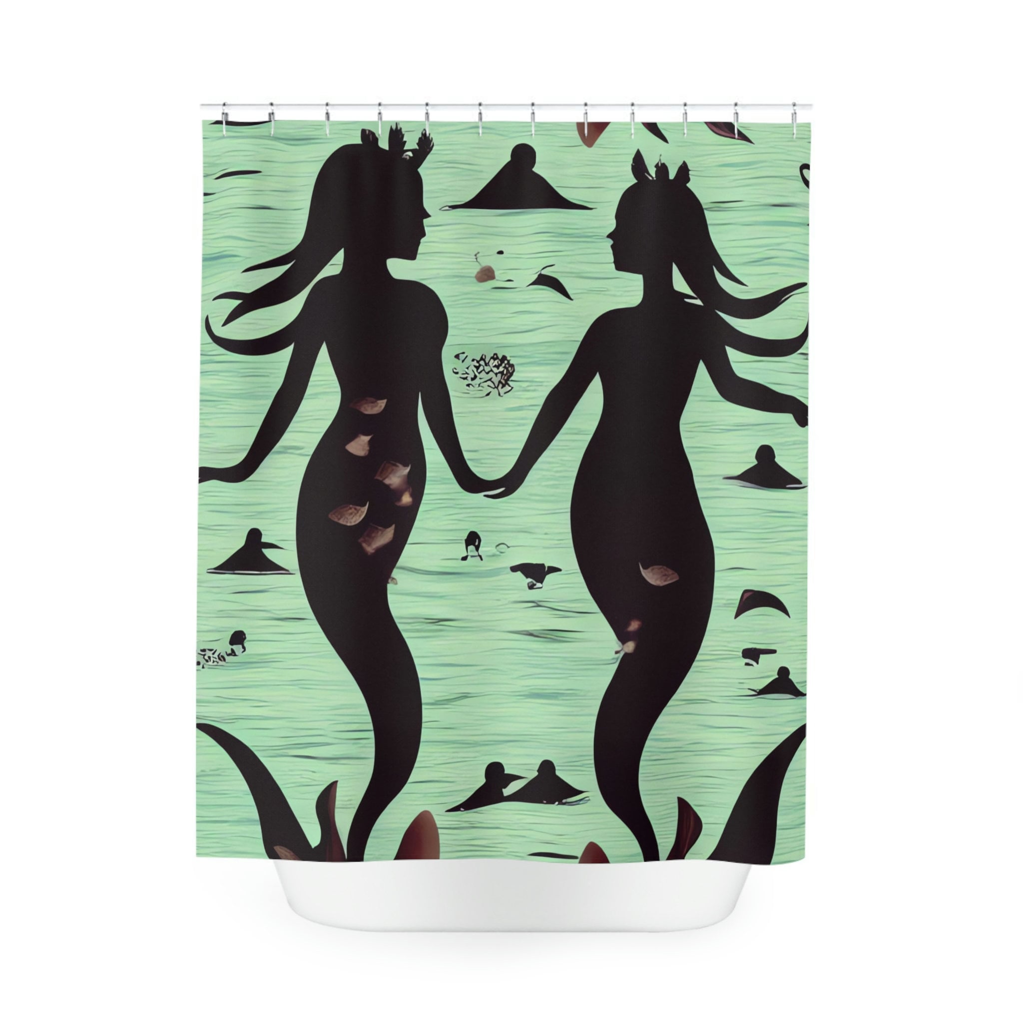Modern Teal Mermaid Silhouette Shower Curtain Print for Kids Bathroom Decor