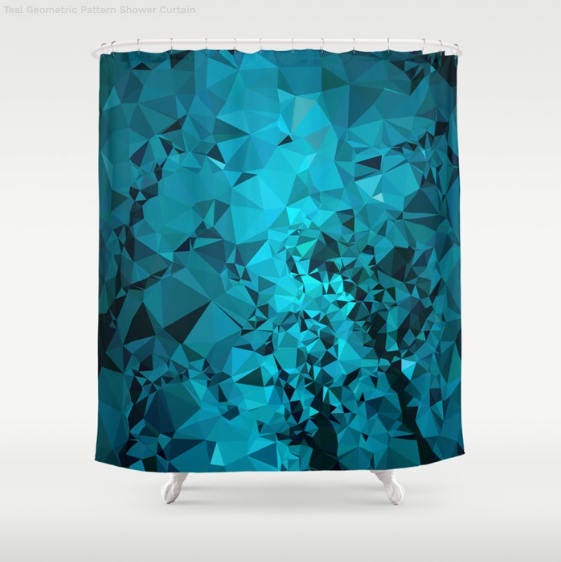 Modern Teal Pattern Shower Curtain Abstract Geometric Blue Fabric Shower Curtain
