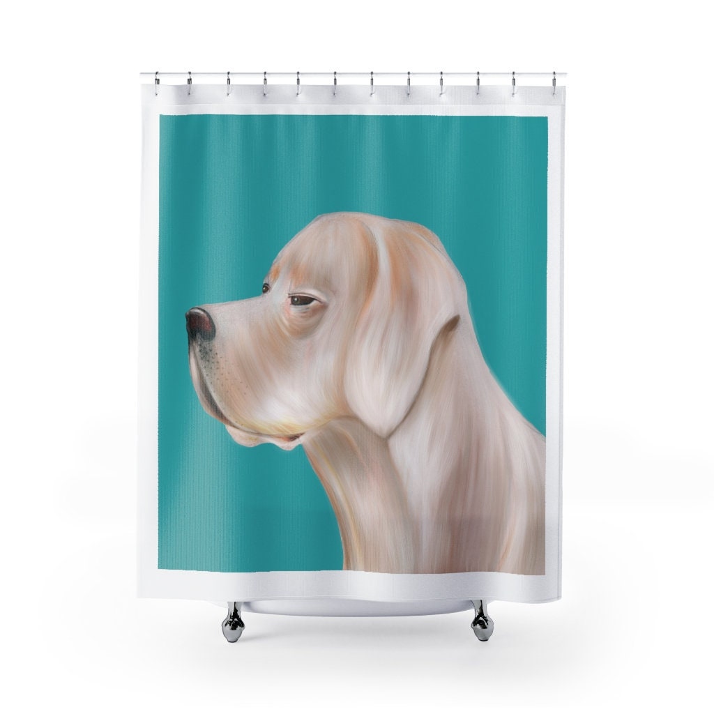 Modern Teal Shower Curtain With Cute Dog Puppy Design