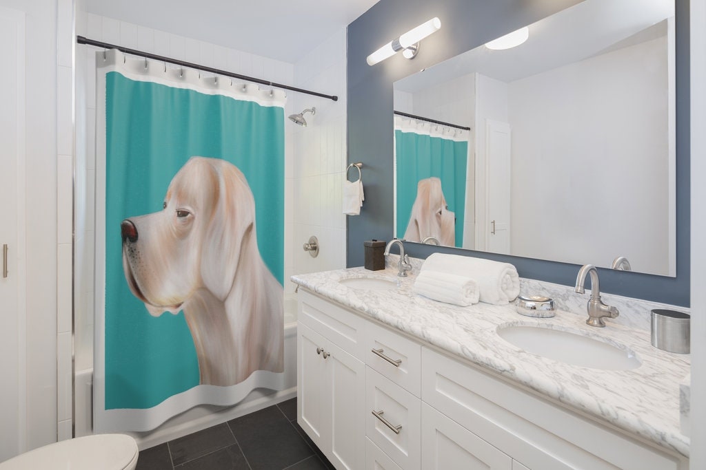 Modern Teal Shower Curtain With Cute Dog Puppy Design - Image 2