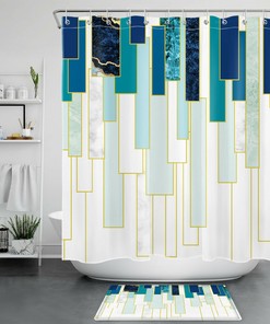 Modern Teal and White Geometric Marble Pattern Shower Curtain