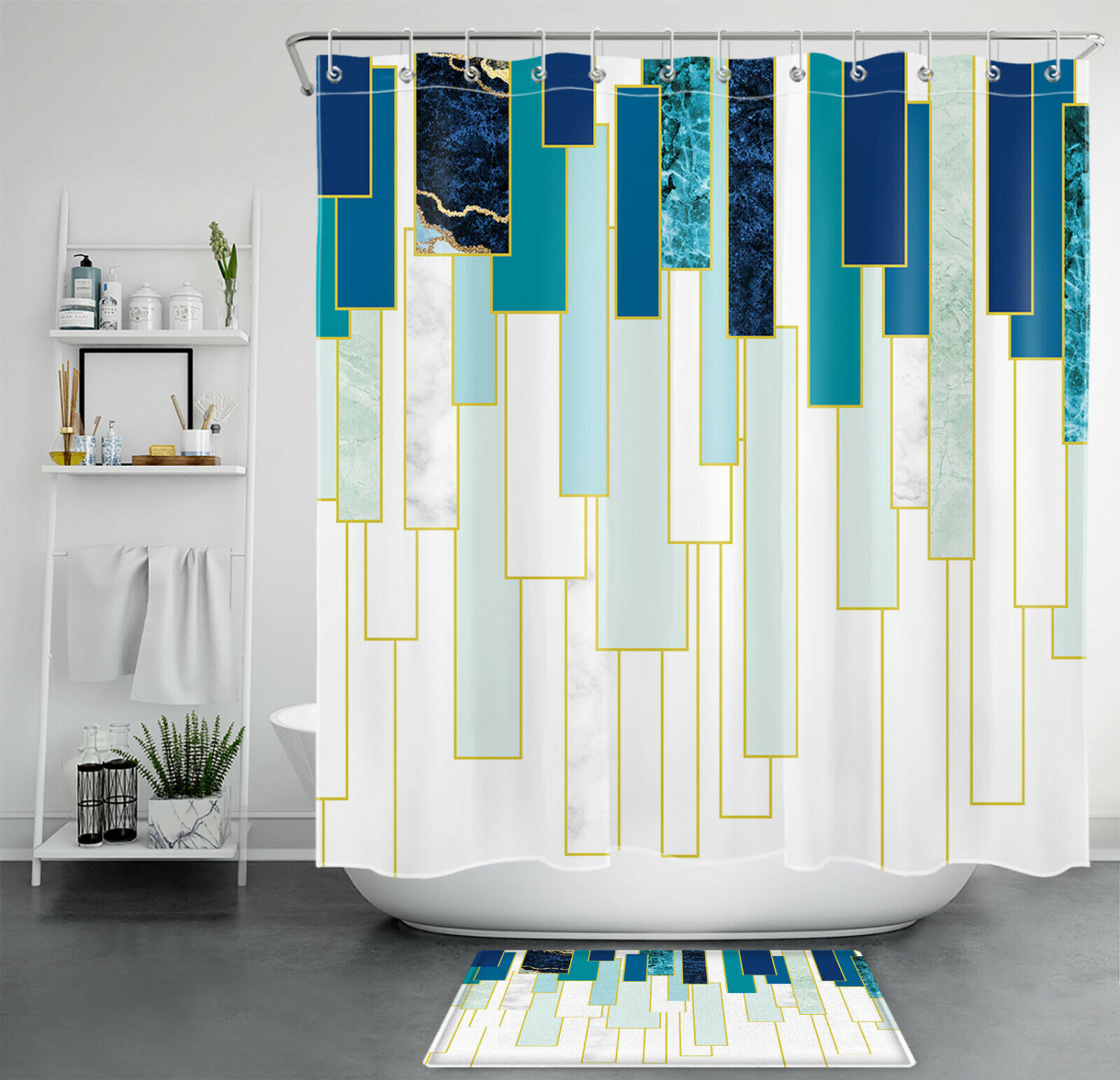 Modern Teal and White Geometric Marble Pattern Shower Curtain