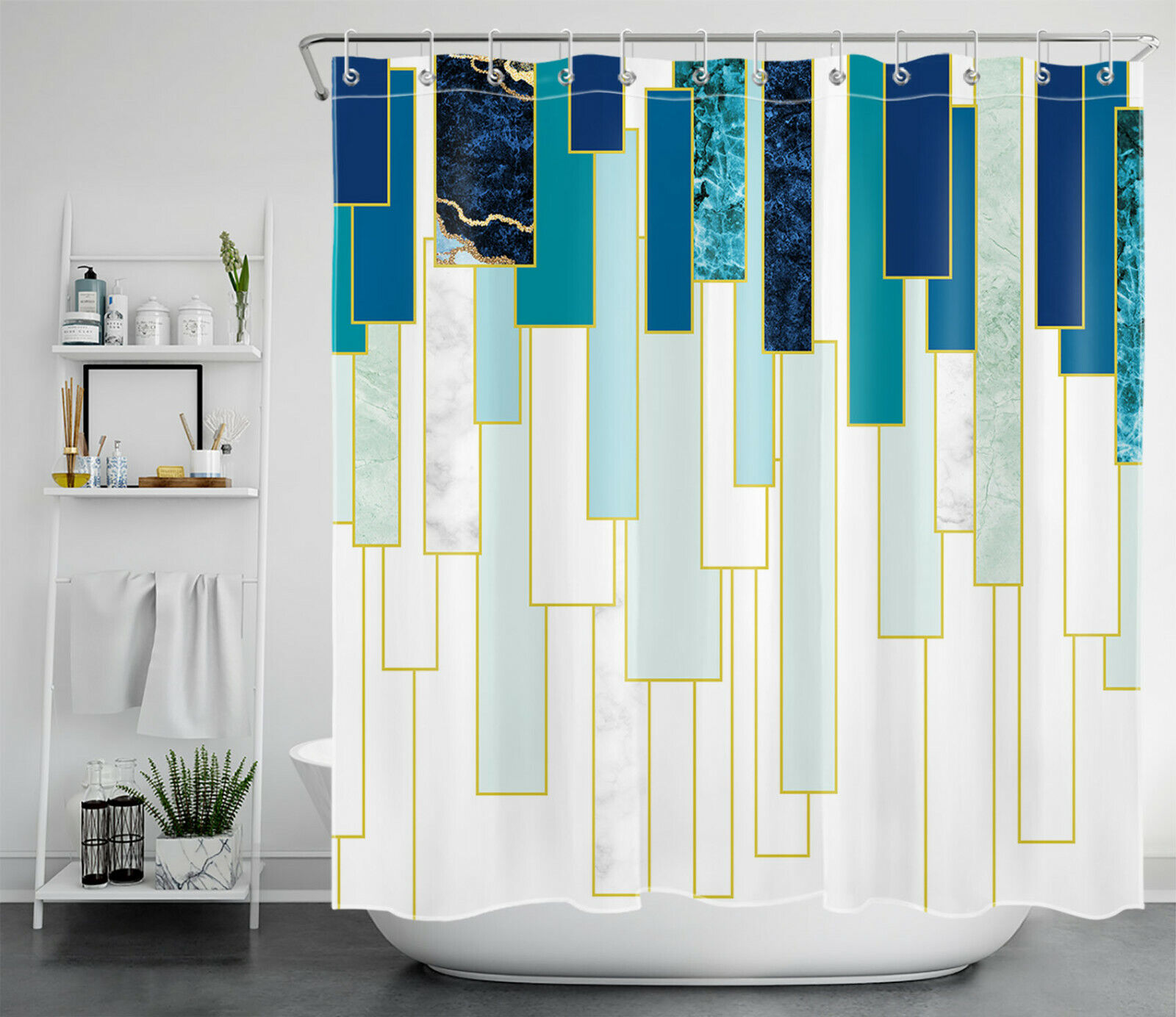 Modern Teal and White Geometric Marble Pattern Shower Curtain