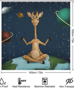 Modern Trendy Shower Curtain With Galaxy Print And Space Giraffes, Waterproof Fabric Bathroom Decorations