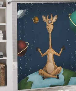 Modern Trendy Shower Curtain With Galaxy Print And Space Giraffes, Waterproof Fabric Bathroom Decorations 