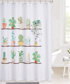 Modern Tropical Green Plant Shower Curtain with Botanical Cactus and Succulent
