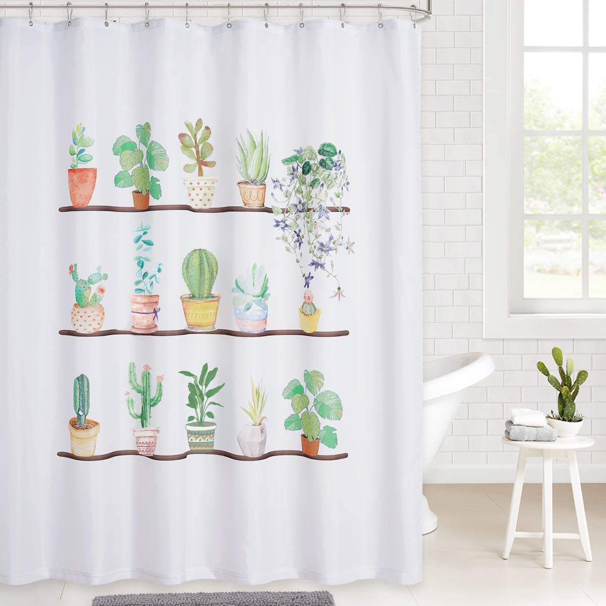 Modern Tropical Green Plant Shower Curtain with Botanical Cactus and Succulent