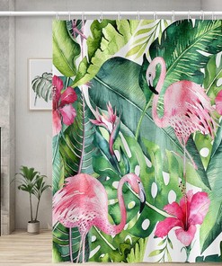 Modern Tropical Pink Flamingo Shower Curtain with Watercolor Green Palm Leaves Design for Bathroom Decor
