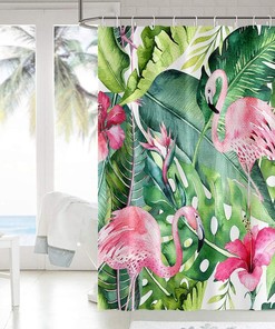 Modern Tropical Pink Flamingo Shower Curtain with Watercolor Green Palm Leaves Design for Bathroom Decor