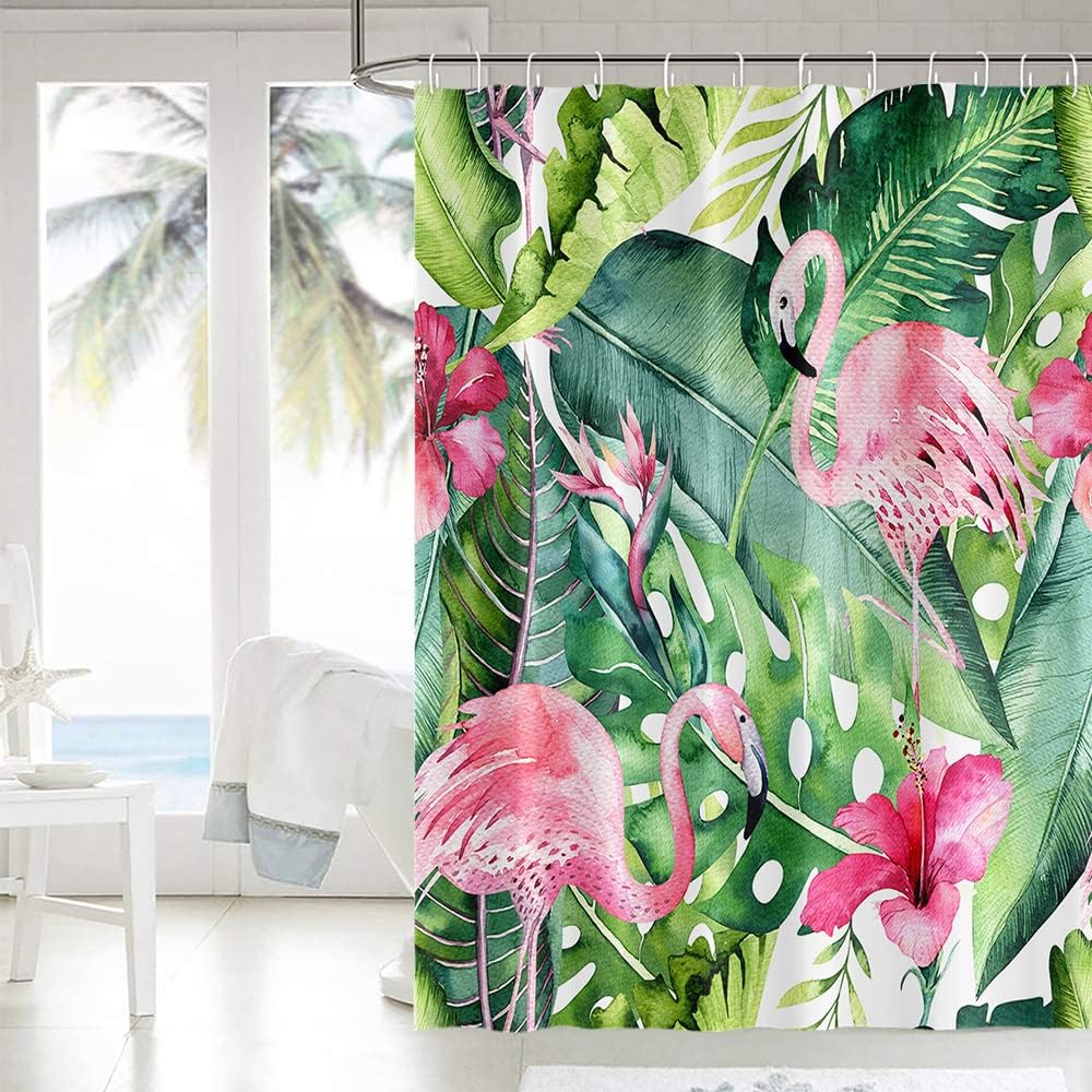 Modern Tropical Pink Flamingo Shower Curtain with Watercolor Green Palm Leaves Design for Bathroom Decor