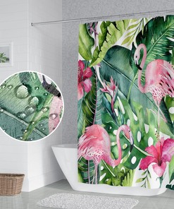 Modern Tropical Pink Flamingo Shower Curtain with Watercolor Green Palm Leaves Design for Bathroom Decor