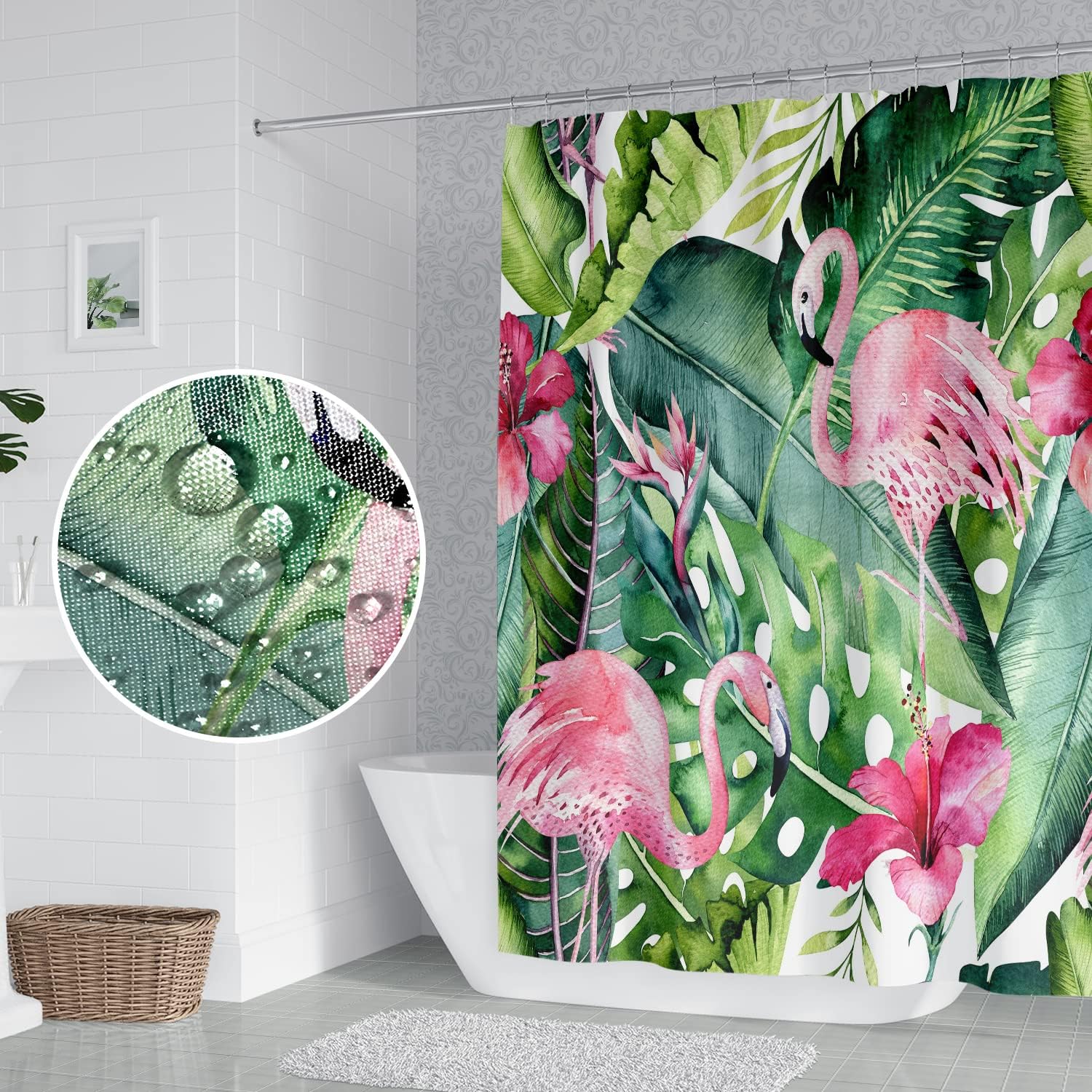 Modern Tropical Pink Flamingo Shower Curtain with Watercolor Green Palm Leaves Design for Bathroom Decor
