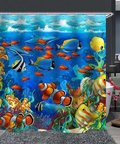 Modern Undersea World Fabric Shower Curtain With Colorful Fish Background, Ideal Bathroom Accessory