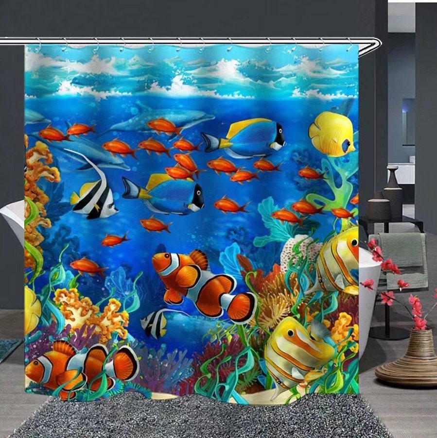 Modern Undersea World Fabric Shower Curtain With Colorful Fish Background, Ideal Bathroom Accessory