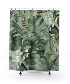 Modern Watercolor Jungle Shower Curtain With Monstera Leaves And Green Gold Forest Design For Boho Bathroom