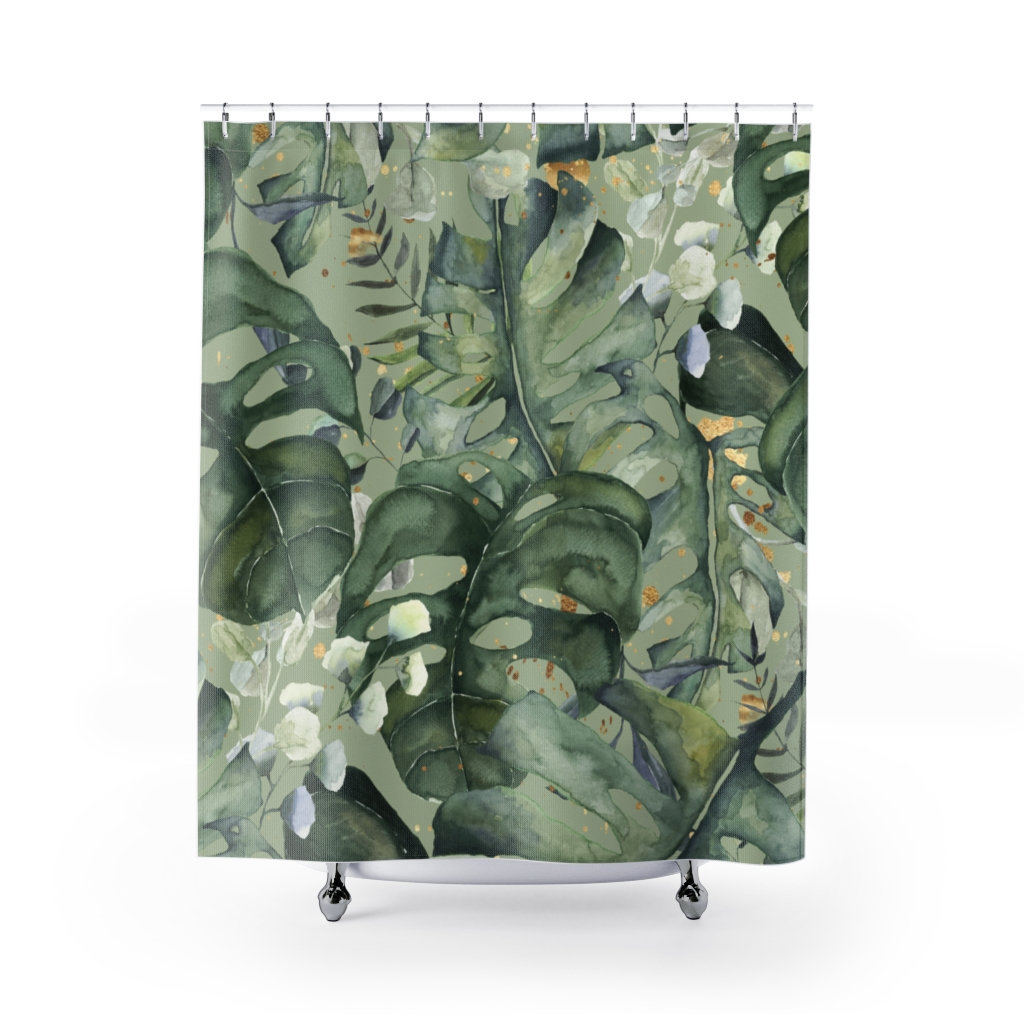 Modern Watercolor Jungle Shower Curtain With Monstera Leaves And Green Gold Forest Design For Boho Bathroom