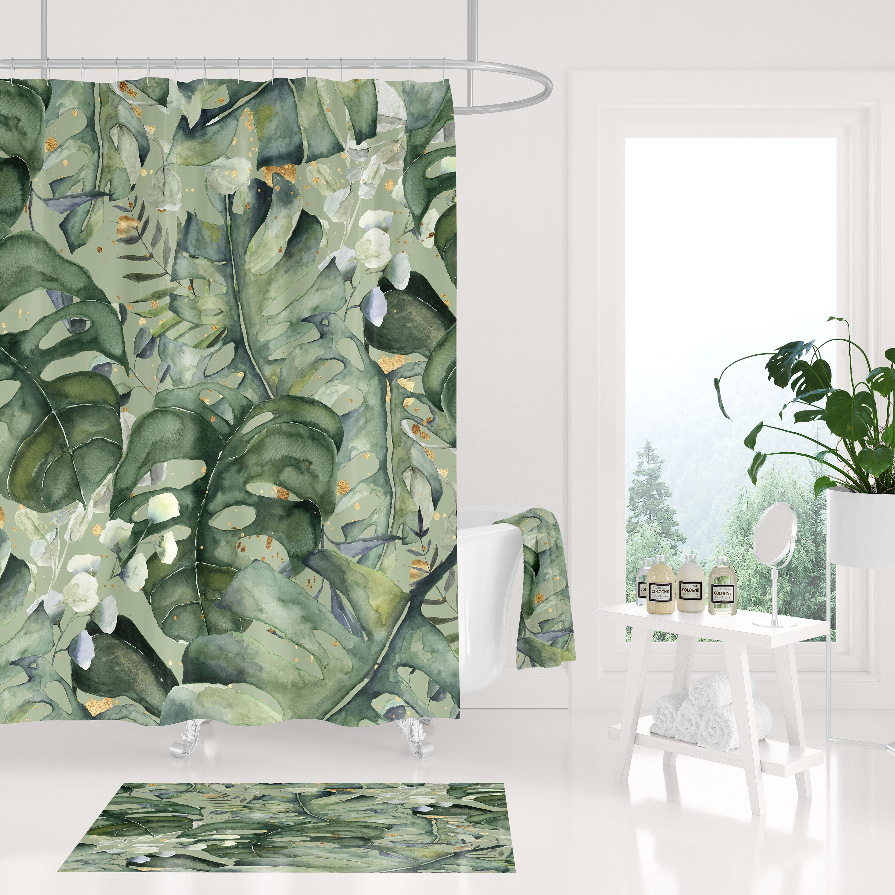 Modern Watercolor Jungle Shower Curtain With Monstera Leaves And Green Gold Forest Design For Boho Bathroom - Image 2