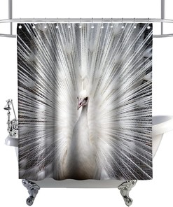 Modern White Peacock Feather Print Shower Curtain Elegant Wildlife Bathroom Decor Waterproof 