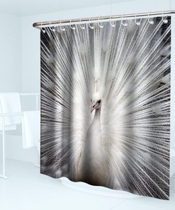 Modern White Peacock Feather Print Shower Curtain Elegant Wildlife Bathroom Decor Waterproof
